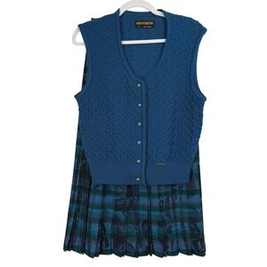 VTG Geiger Austria Wool Knit SWEATER Vest Skirt SET WOMEN PLEATED PLAID MIDI US8
